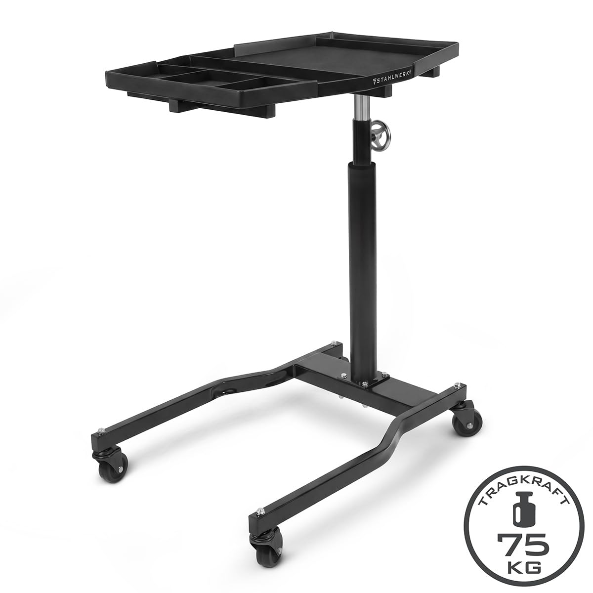 STAHLWERK Mesa de trabajo regulable en altura de 90 a 140 cm, capacidad de carga de 75 kg | Banco de trabajo móvil con 4 ruedas giratorias para garaje, taller y bricolaje