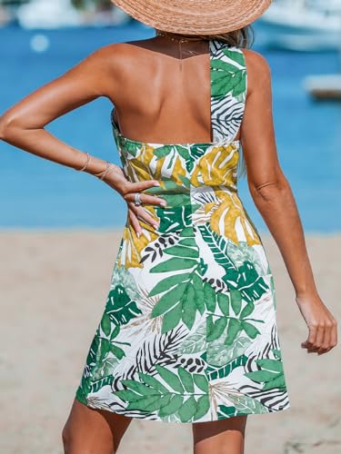 Image of CUPSHE Women's One Shoulder Leaf Print Self-tie Short Dress Sleeveless Tiered Hem Formal Dress Casual Mini Dress