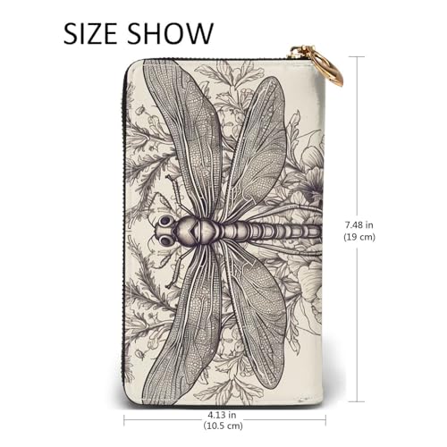 Leather Wallet for Women Men Bifold Wallet Ultra Slim Credit Card Holder Hand Drawn Floral Dragonfly Ladies Clutch Purse2