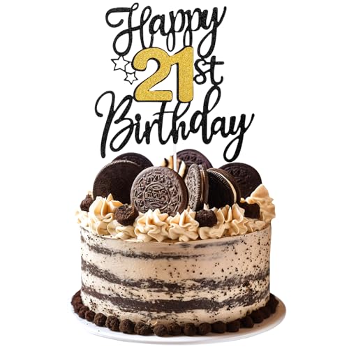 Nogeqi Glitter 21st Birthday Cake Decorations Happy 21st Birthday Cake Topper for Birth Day Anniversary Party Supplies (Black Gold)