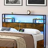 EtherealZYF Full Size Headboard, Metal and Wood Headboard with LED Light & Storage & Type C Port & 2 Outlets, Storage Rack, Sturdy and Stable, Easy Assembly Rustic Brown