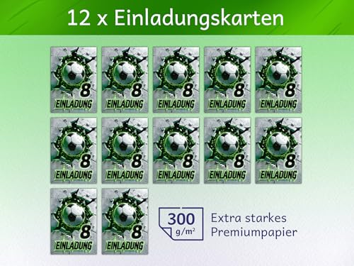 Junaversum 12 Einladungskarten zum 8. Kindergeburtstag Fußball Fussball Kinder Jungen coole bunte Einladungen achte Geburtstag Geburtstagseinladungen Kids