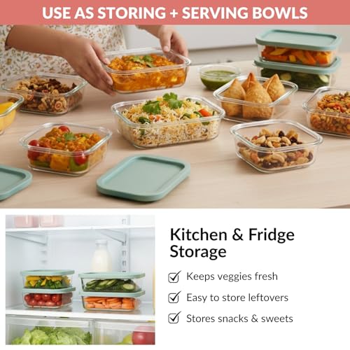 Image of Nestasia Groovo Glass Containers for Fridge Storage Set of 4 (520ml Each) - Transparent Stackable Glass Container with Lid, Microwave & Dishwasher Safe Containers with Ribbed Texture (Green)