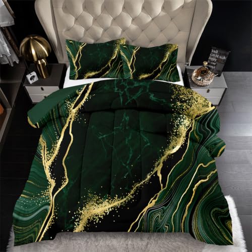 Dexpec Green Marble Bedding Set Queen, Luxury Retro Artwork Style Gold Comforter Set for Men and Women 3Pcs(1 Comforter, 2 Pillowcases)