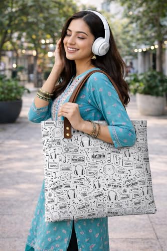 Image of Vintage Music Print Canvas Tote Bag for Women & Girls | Reusable Shoulder Handbag with PU Leather Handles | Retro Cassette, Headphones & Vinyl Record Design |