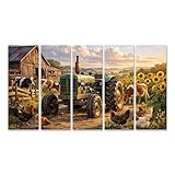 islandburner Bild auf Leinwand Rustikaler Traktor auf dem Bauernhof mit Kühen und Sonnenblumen - 5-teilig XXL
