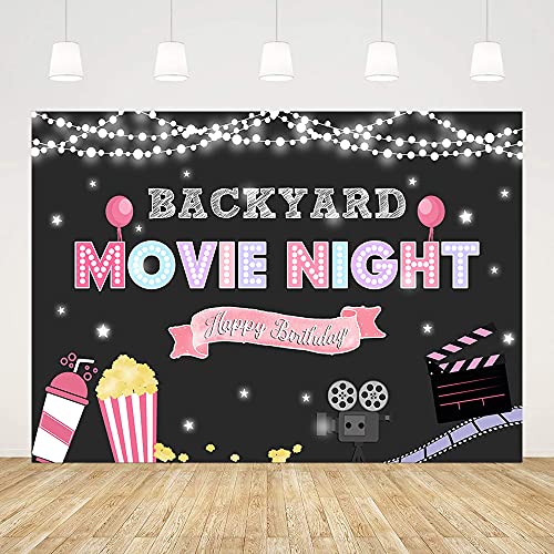 ABLIN 7x5ft Pink Girl Movie Night Backdrop Backyard Projector Popcorn Sparkling Drink Background Happy Birthday Party Decorations Cake Table Banner Decor Props Supplies