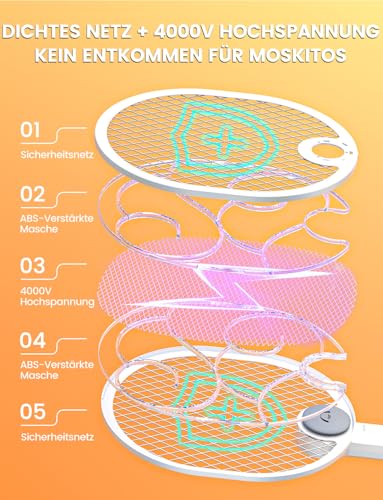 WOCVRYY Elektrische Fliegenklatsche 4000V 1800mAh 3 in 1 Automatische Fliegenklatsche Type C wiederaufladbare LED mit Sicherheitsnetz,geeignet für den Innen und Außenbereich