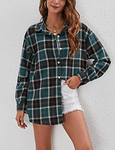 Image of HangNiFang Womens Flannel Plaid Shirts Oversized Button Shirts Blouse Tops
