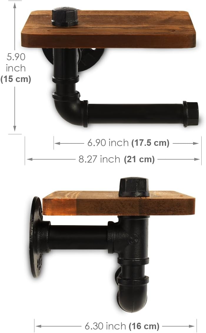 Industrial Pipe Wall Mounted Toilet Paper Holder with Shelf - Rustic Wood and Metal Bathroom Tissue Roll Holder, Farmhouse Decor for Bathroom-Brown