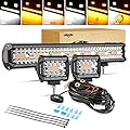Auxbeam 20 Inch 420W LED Light Bar, 2 PCs 4 Inch 60W, 6 Modes Amber White Strobe, Spot Flood Combo Work Light with Wiring Harness
