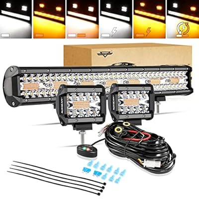 Auxbeam 20 Inch 420W LED Light Bar, 2 PCs 4 Inch 60W, 6 Modes Amber White Strobe, Spot Flood Combo Work Light with Wiring Harness