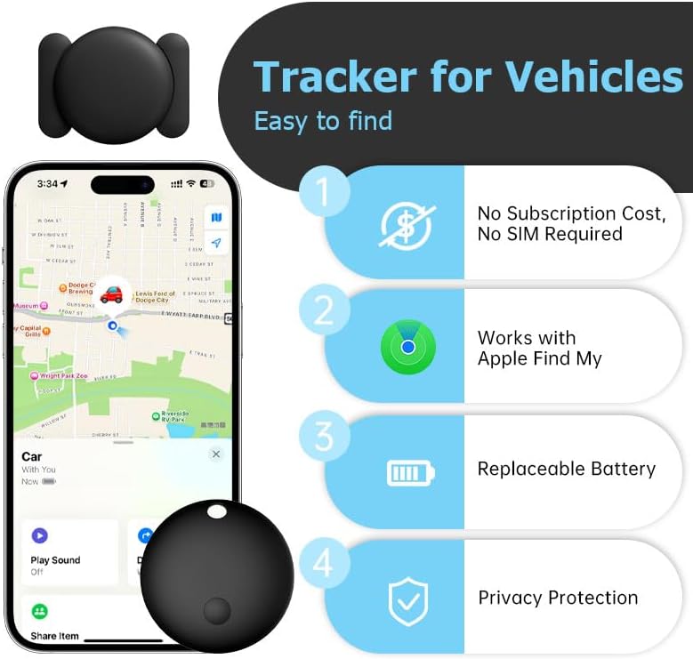 Tracker Device for Vehicles, Car Tracker Works with Apple Find My (iOS Only), Easily Find, Encrypted Location Data, Magnetic Tracking Devices for Cars Hidden, No Subscription Or Monthly Fee