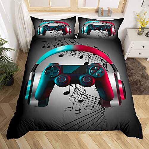 Kids Gamer Duvet Cover Set Rotating Music Comforter Cover Gamepad Gaming Bedding Set For Boys Room Decor Novelty Action Buttons Headphone Bedspreads Cover 3 Pieces Queen Size Child Room Decor Gray #TOP7