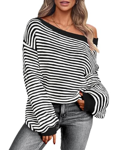 Zenlonr Womens Off The Shoulder Sweater 2025 Fall Winter Long Sleeve Striped Sweater Oversized Knitted Pullover Tops