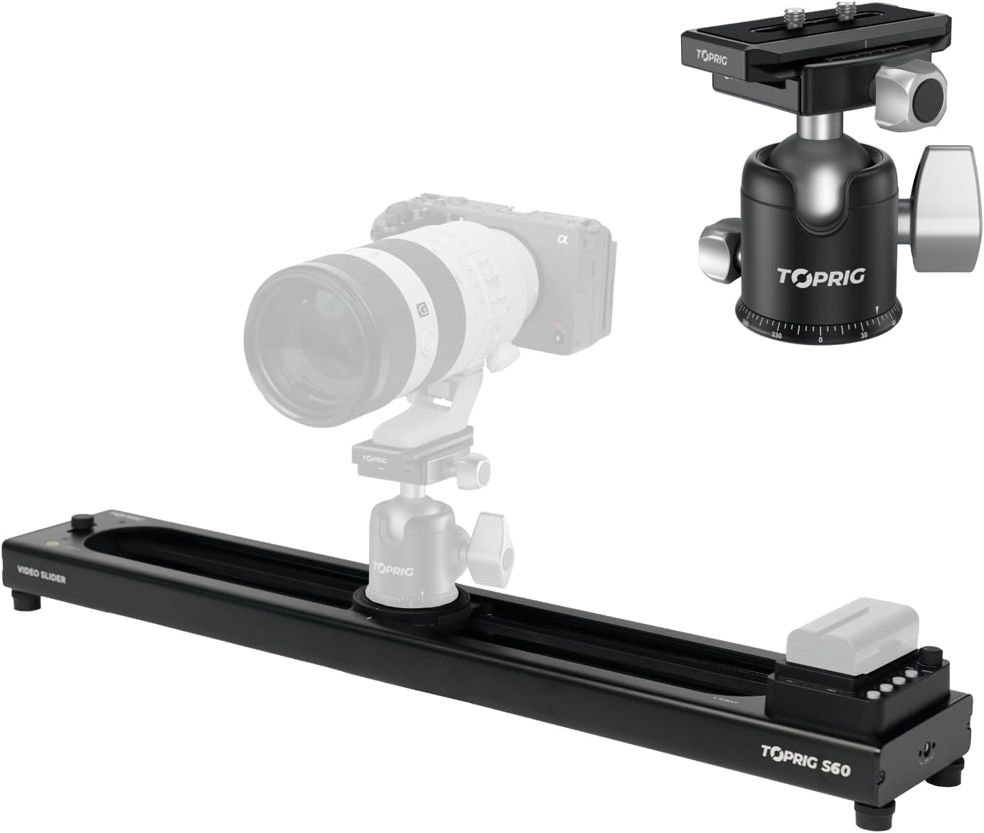Accsoon Motorized Camera Slider, Adjustable 24inch/60cm Bluetooth Video Slider with Toprig Tripod Ball Head with 36mm Sphere & 44 lb Load Capacity