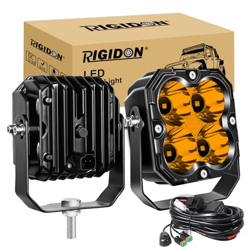 RIGIDON 2 x Faro de trabajo y 12V DT kit de cableado, 4.3 Pulgadas 30W 2500 LM, Spot lámpara, largo alcance faros antiniebla para off road todoterreno camión coche 4x4 moto tractor, foco led Ámbar