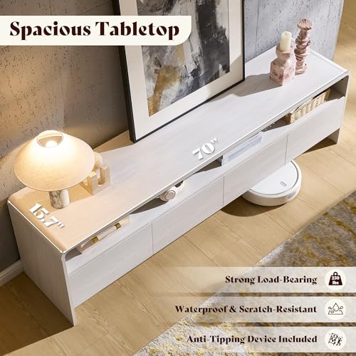 AMERLIFE 4-Piece Living Room Furniture Set, 70\" TV Stand for TVs up to 80\", Coffee Table & 2 End Tables, Modern Table Set with Large Drawers & Curved Edges, White