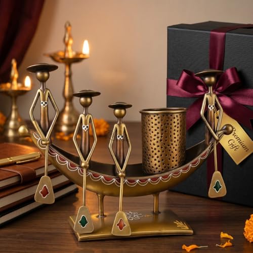 Image of Antique Metal Boat Pen Stand, Copper Gold 4-Man Rowing Showpiece Table Decor Item for Office Desk, Corporate Bulk Gifting and Study Room Decoration (Pack of 1)