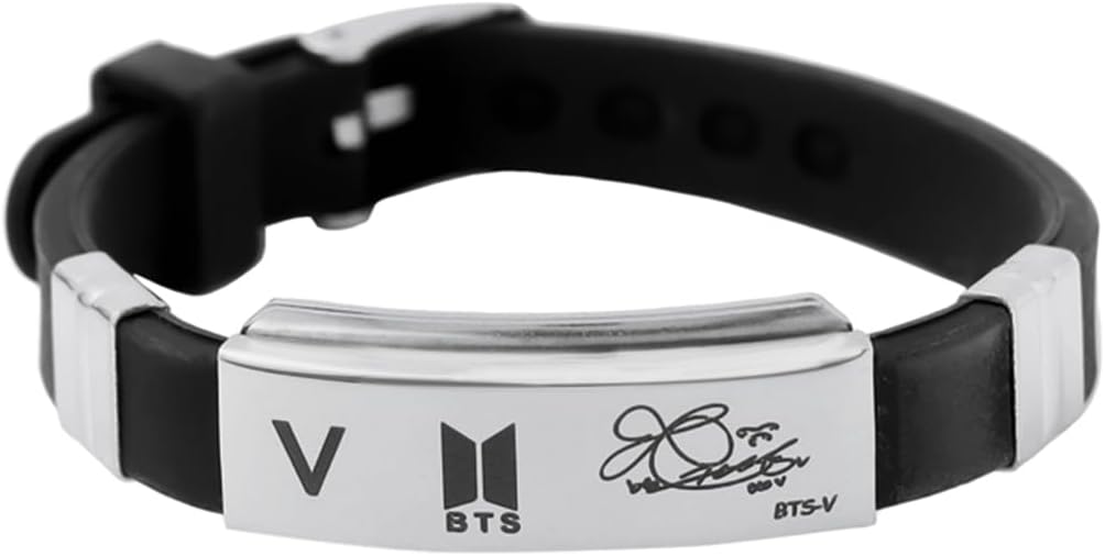 Yellow Chimes Kpop Bts Band Exquisite Signature V Silicon Unisex by Silver Plated Charm Bracelet for Men (Silver;black) (YCFJBR-01VBTS-SLBK)