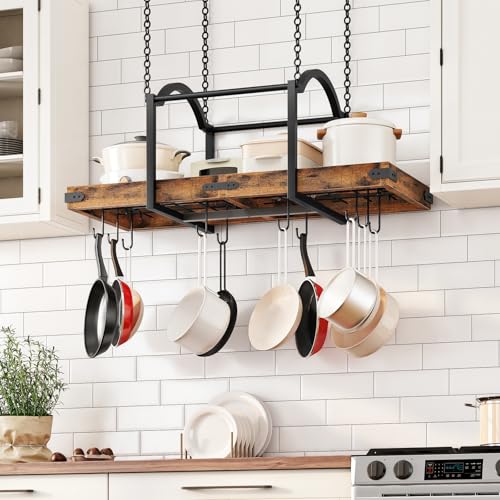 HOOBRO 80cm Hanging Pot Rack - Space-Saving Metal Hanger with 10 Detachable S Hooks for Pot and Pan Storage, Rustic Brown and Black EBF80TL01 - Image 6