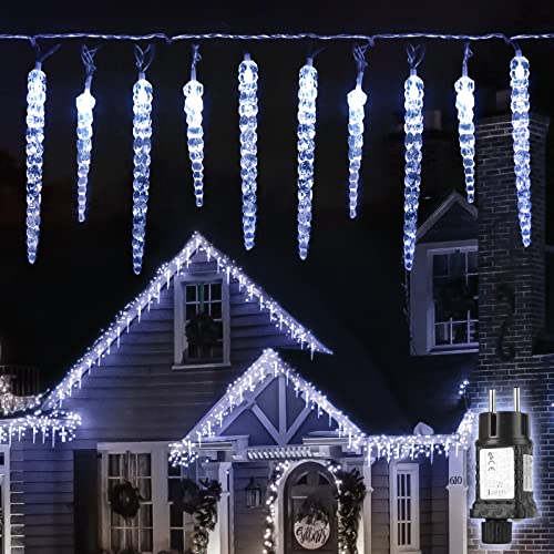 Salcar Catena LED 5m, Tenda di luci LED con 40 ghiaccioli + 5m Cavo trasparente luci di Natale 31V, Decorazioni Luminose - Bianca