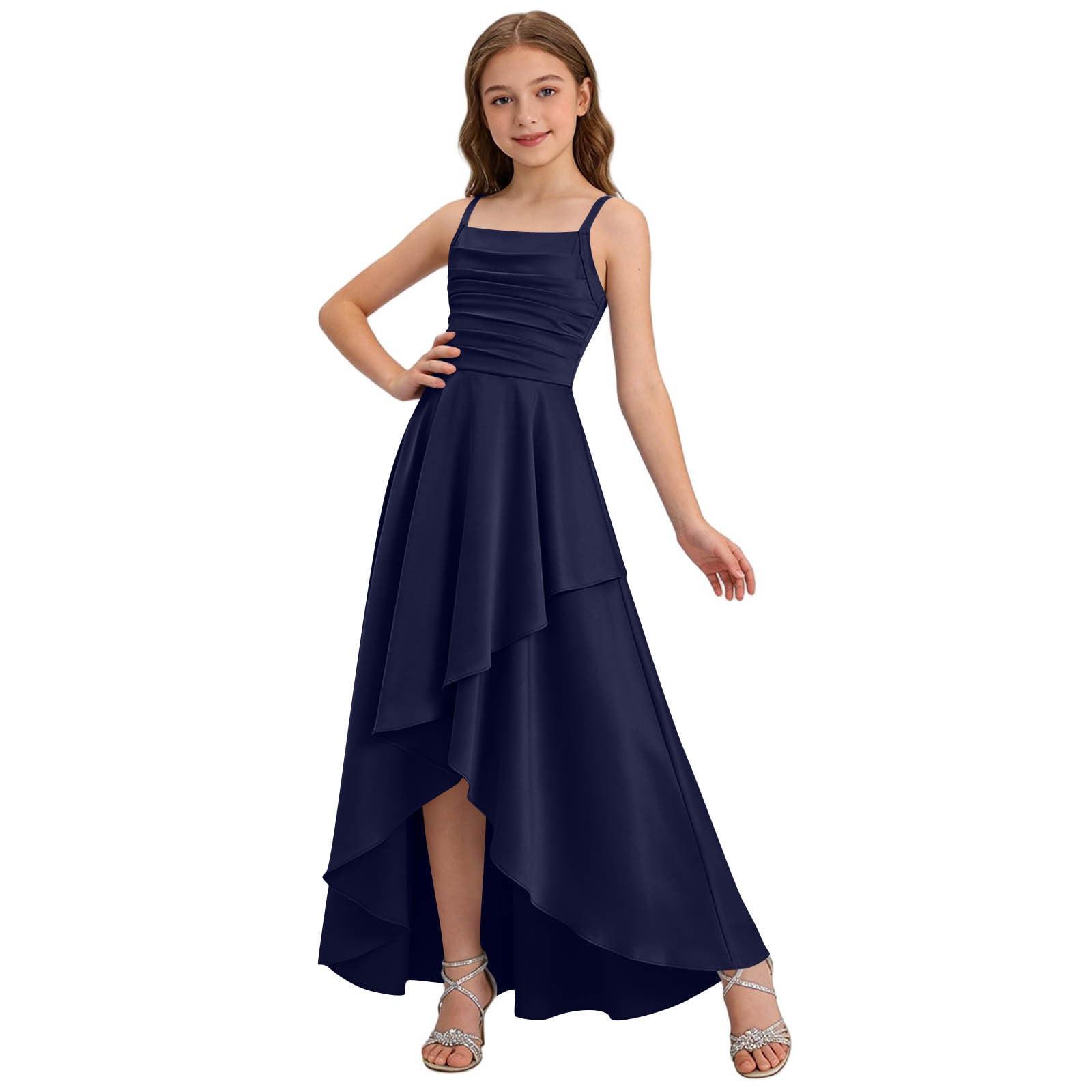 Junior Bridesmaid Long Dresses Teen Girls a Line Dress Chiffon Formal Ruffles Skirt Skater School Recital Dress - 4