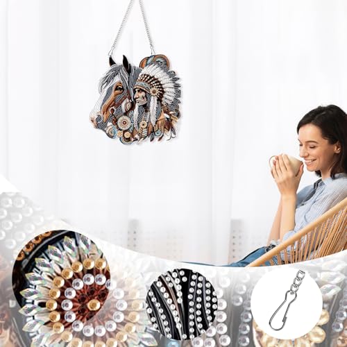 Image of AiYuanzsh Oversized Diamond Art Suncatcher Hanging Kit Native American Horse Design, Special Shaped Diamond Painting Hanging Ornament for Adults DIY Wall Window Decoration