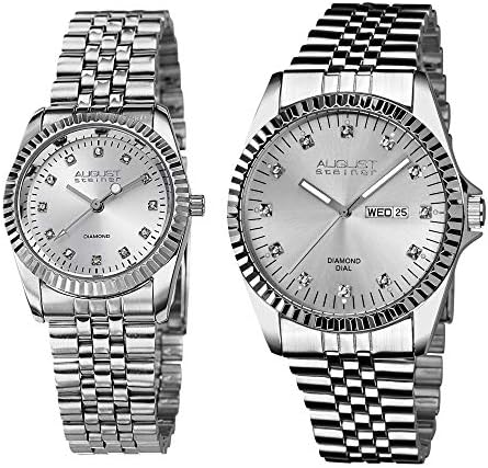 AS8201 His and Hers Watch Set - Two Matching Men's and Women's Watches - Stainless Steel Link Bracelet Bands, Gift Box