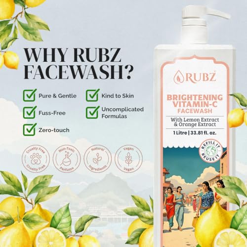 Image of Rubz Brightening Vitamin-C Face Wash With Orange Peel & Lemon Extract | Brighten & Refreshed Skin | Gentle Cleansing & Revitalizing | For Men & Women, Daily Use | 1 Litre