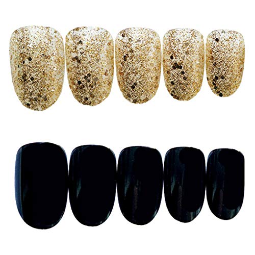 Sethexy 24 Stück Mandel Falsche Nägel Matte Schwarz& Funkeln Gold Vollständige Abdeckung Acryl Falsche Fingernägel zum… – Bild 3