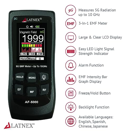 Image of LATNEX AF-5000 5G EMF Meter with Aluminium Carrying Case and Calibration Certificate. Measures RF up to 10GHz, Magnetic Fields(Gauss), and Electrical Fields