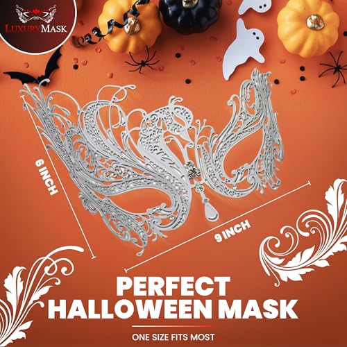 Image of Metal Filigree Masquerade Mask for Women - Swan Style Mask with Rhinestones for Mardi Gras, Prom, Halloween & Venetian Party