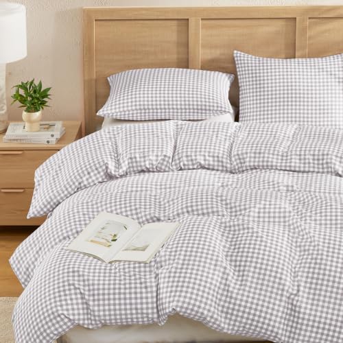 Image of Andency Gingham Duvet Cover Full Size, Light Grey Checkered Plaid Bedding Set, 3 Pieces Soft Prewashed Microfiber Comforter Cover with Zipper Closure & Corner Ties