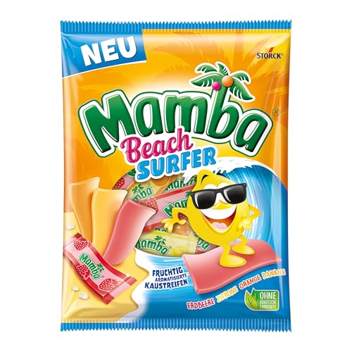 Mamba Beach Surfer – 1 x 160g – Leckere Kaustreifen mit Fruchtgeschmack in vier verschiedenen Sorten – Fruchtgummi Mix einzeln verpackt
