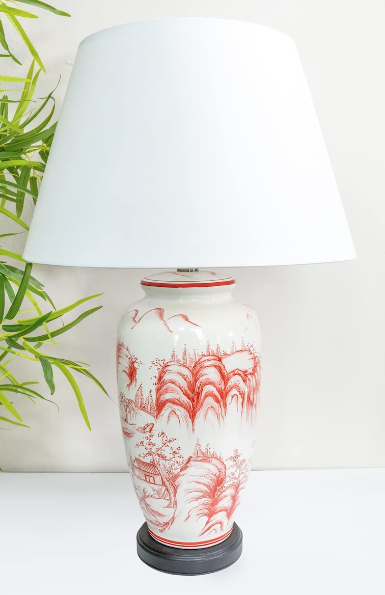DOWNTON INTERIORS Large White Chinese Oriental Ceramic Porcelain Table Lamp Red Landscape Pattern Overall Height 68cm G2111 (White Plain Shade) โ image 1