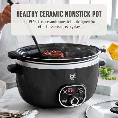 Image of GreenLife 6QT Slow Cooker, Non-Toxic PFAS-Free Ceramic Nonstick Removable Interior Bowl, Programmable, Family Friendly, Keep Warm, Stovetop & Oven Safe, Dishwasher Safe Crock, Timer, Glass Lid, Black