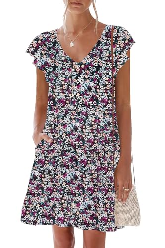Image of nclook Womens Summer Casual Dresses Sweet Cute V Neck Mini Dress with Pockets Ruffle Short Sleeve