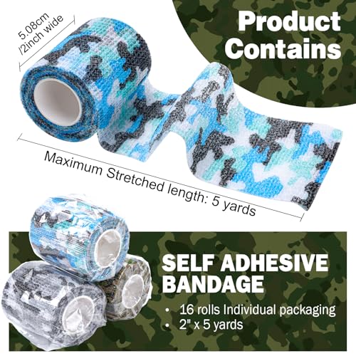 Image of AZEN 16 Pack Camo Self Adhesive Bandage Wrap, 2 inch X 5 Yards Elastic Cohesive Bandage Wrap, Athletic Tape, Vet Wrap, Ankle Tape, Tattoo Tape Wrap (Camo)