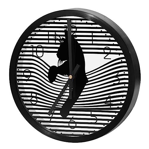 Horloge murale chat sur rayures noires et blanches à piles - 5