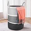 KINGSUSLAY Cotton Rope Laundry Hamper,70L Laundry Basket,Tall Woven Rope Basket for Blanket storage,Nursey Hamper for Toys,Pillows,Clothes in Bedroom, Living Room, Bathroom(Grey with White)