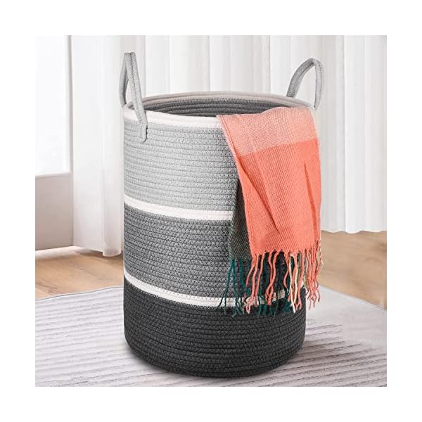 KINGSUSLAY Cotton Rope Laundry Hamper,70L Laundry Basket,Tall Woven Rope Basket for Blanket storage,Nursey Hamper for Toys,Pillows,Clothes in Bedroom, Living Room, Bathroom(Grey with White) KINGSUSLAY Cotton Rope Laundry Hamper,70L Laundry Basket,Tall Woven Rope Basket for Blanket storage,Nursey Hamper for Toys,Pillows,Clothes in Bedroom, Living Room, Bathroom(Grey with White)