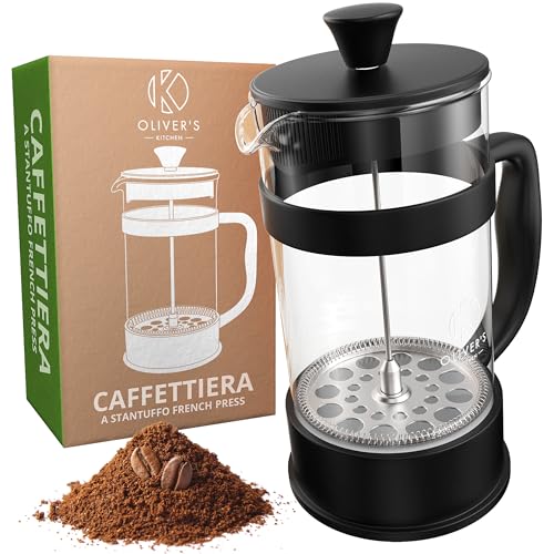 Oliver's Kitchen French Press da 1 Litro Caffettiera a Stantuffo Progettata in Esclusiva per Chi Ama il Caffè -Caffettiera Francese in Vetro Temperato Per Goderti a Casa un Delizioso Caffè Americano
