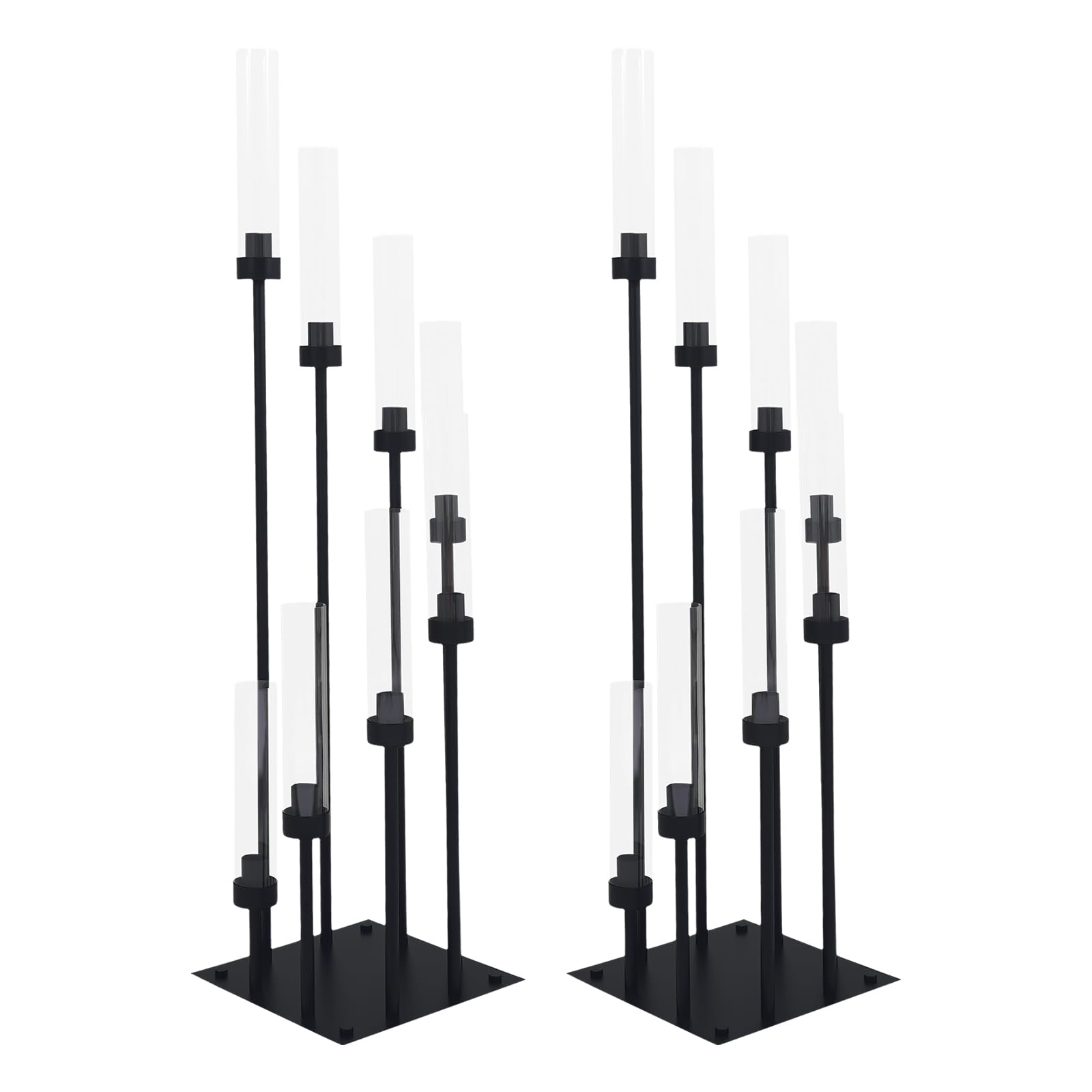 8 Arm Kerzenhalter Set Schwarz mit Glas Windschutz Metall Kerzenständer | Elegante Tischdeko mit 2 Größen, stabilem Stand und stimmungsvollem Kerzenlicht für Wohnzimmer, Hochzeit und Feiertage
