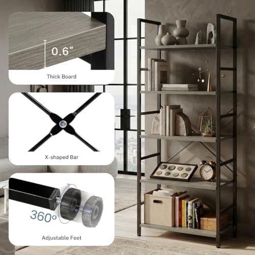 Image of HealSmart 5 Tier Bookshelf, Free Standing Book Shelf Home Office Bookcase Shelf Storage Organizer for Bedroom, Bathroom, Living Room, Office, Balcony, Gray Wood