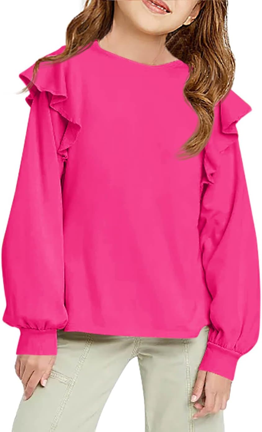 Zwurew Girls Long Sleeve Shirts Cute Ruffle Shoulder Crewneck Sweatshirts Pullover Tops 5-14 Years - Image 2
