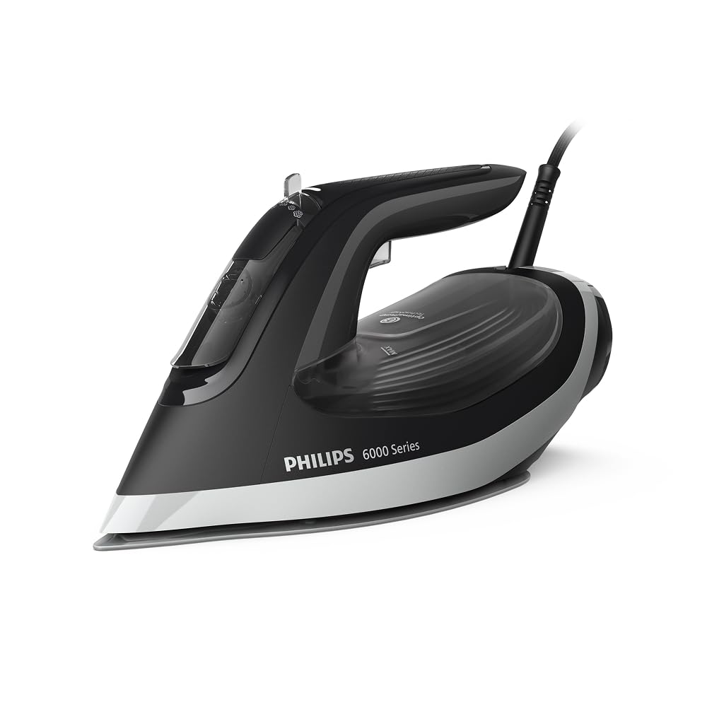 Philips Fer à repasser Série 6000 – Technologie OptimalTEMP, 0 réglage, 0 brûlure. Effet pressing 190g, Débit vapeur 45g, Semelle SteamGlide Plus, Système anti-goutte, Arrêt automatique (DST6120/80)