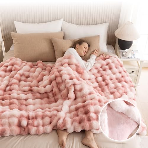 Cozy Faux Fur Throw Blanket for Couch-Warm Fuzzy Throw Blanket, Soft Plush Thick Bubble Blankets for Bedroom and Living Room, Furry Luxury Blanket, 90 x 90, Tie-Dye Pink