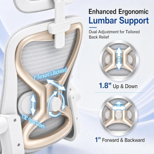 Image of Ergonomic Office Chair for Long Hours and Back Pain Relief, Space-Saving Design with Adjustable Lumbar Support, Flip-Up Arms, 3D Headrest, Tilt & Rock, 330 LBS, White /Gold