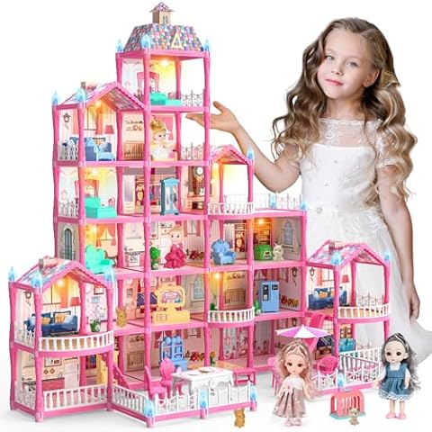 Mastom Dolls Huge House for Girls, 6-Story Dream Dolls Girls Houses with 4 Dolls Toy Figures, Furniture and Accessories, LED Light, Pink Play Toy House Gifts for Little Girls Ages 3 4 5 6 7 8 9 10+ Cover